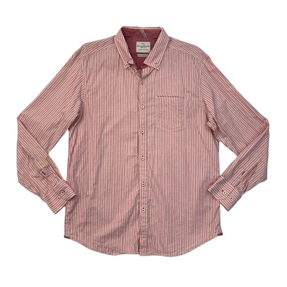 Tommy Bahama Jeans Shirt Mens L Large Pink Red Island Modern Fit Cotton Modal